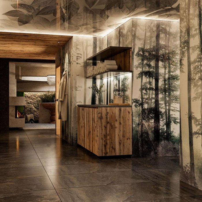 Ligne Mille de luxe facial Hallway with forest wallpaper, mirror, wooden furniture, and indirect ceiling lighting