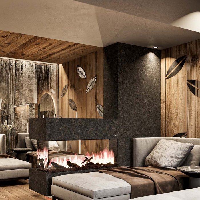 Ligne Mille de luxe facial Modern living room with fireplace, wooden wall, and comfortable armchairs