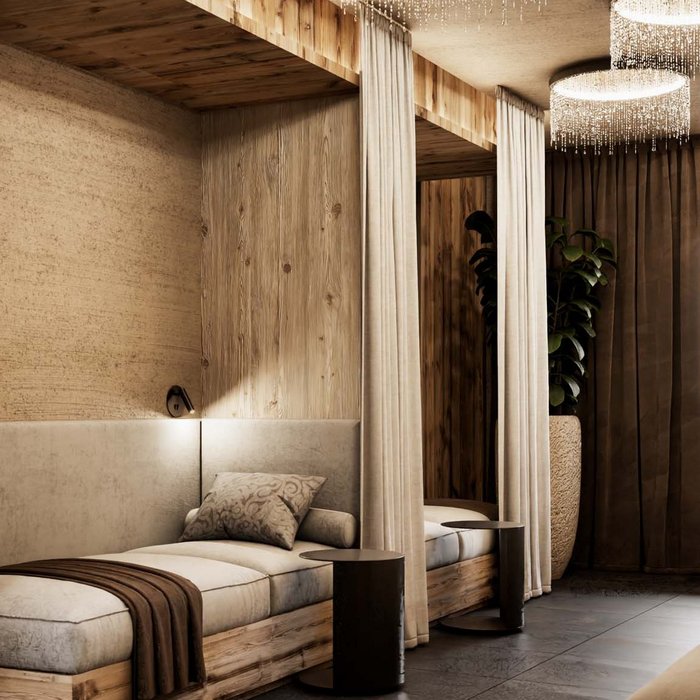 Ligne Mille de luxe facial Cozy relaxation room with wood decor, plants, and soft lighting